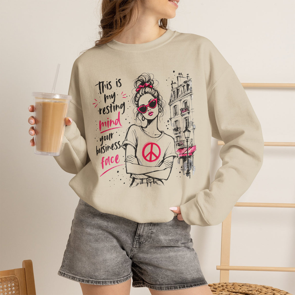 Lifestyle mockup of the Resting Mind Your Business Face retro woman Gildan 18000 sweatshirt.