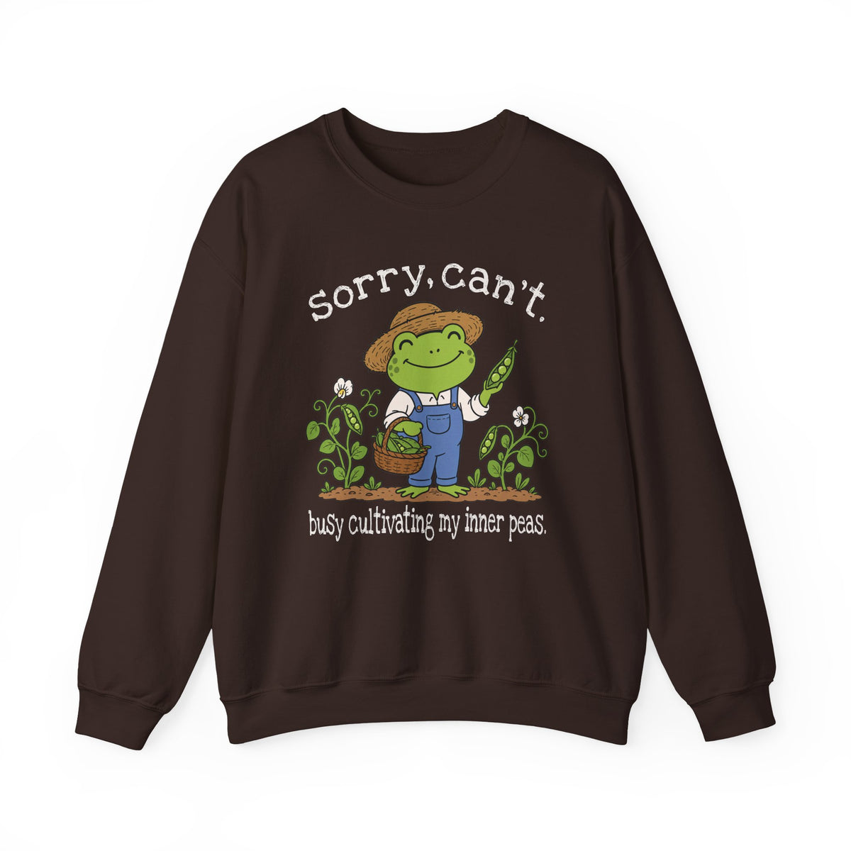 Dark Chocolate Gildan 18000 sweatshirt with Sorry Can't Busy Cultivating My Inner Peas frog design printed on the front.