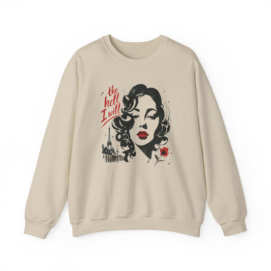 Sand sweatshirt with vintage portrait and The Hell I Will quote print.