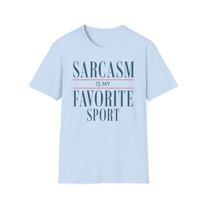 Light Blue Gildan 64000 T-shirt with Sarcasm Is My Favorite Sport design printed on the front.
