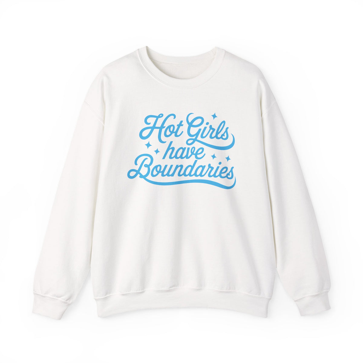 White Gildan 18000 sweatshirt with Hot Girls Have Boundaries blue script design printed on the front.