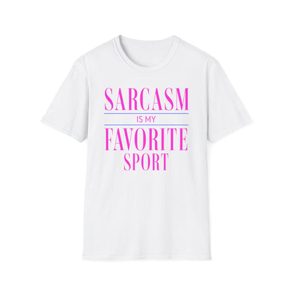 White Gildan 64000 T-shirt with Sarcasm Is My Favorite Sport design printed on the front.