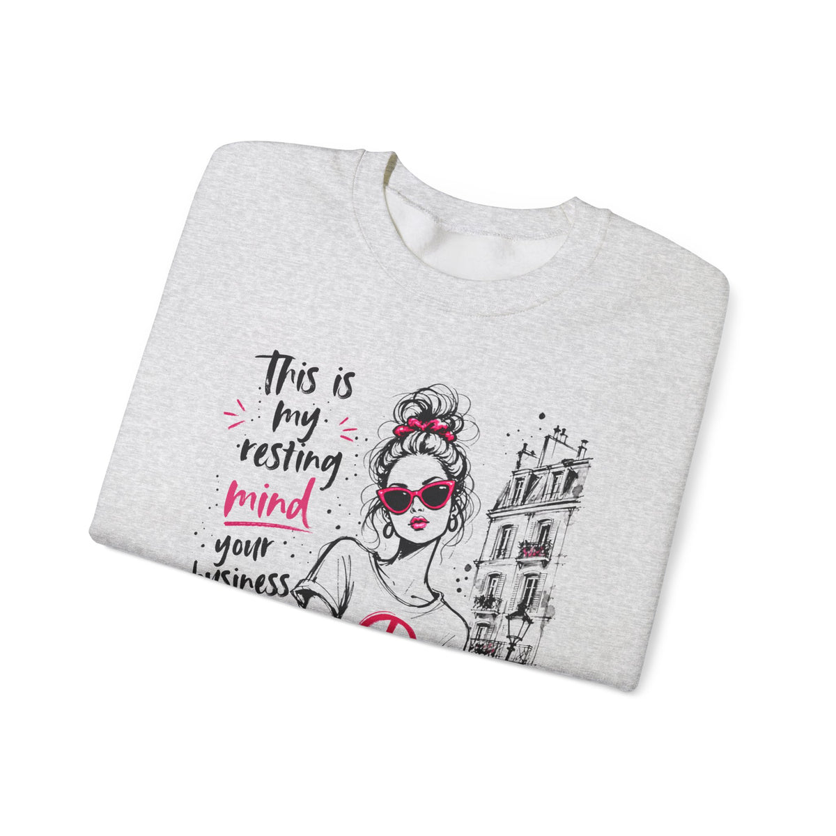 Lifestyle mockup of the Resting Mind Your Business Face retro woman Gildan 18000 sweatshirt.
