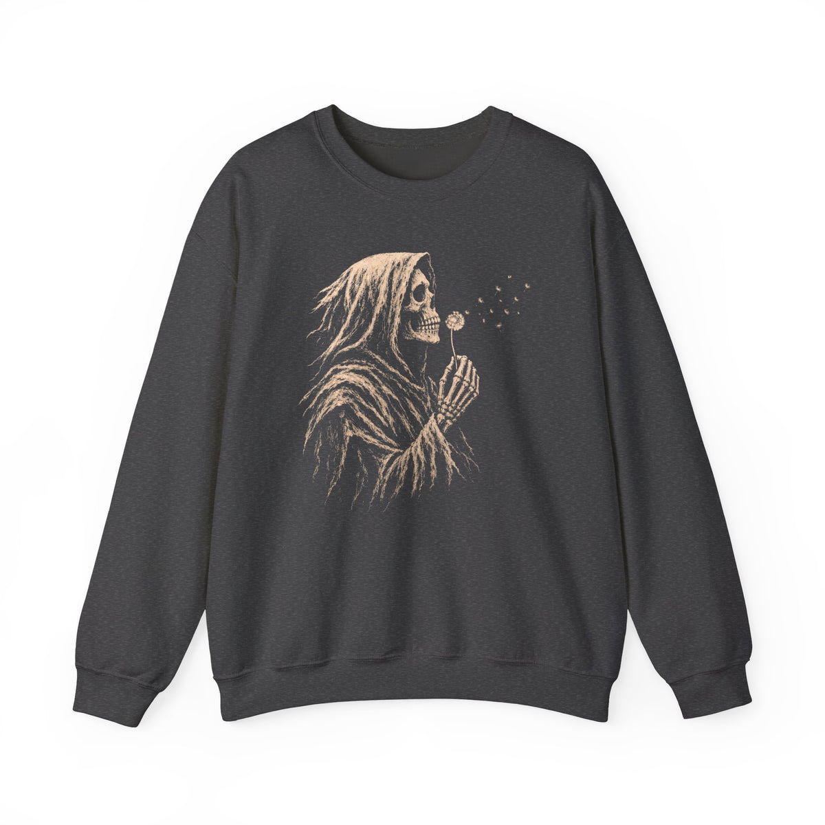 Dark Heather sweatshirt with hooded skeleton blowing dandelion seeds graphic.