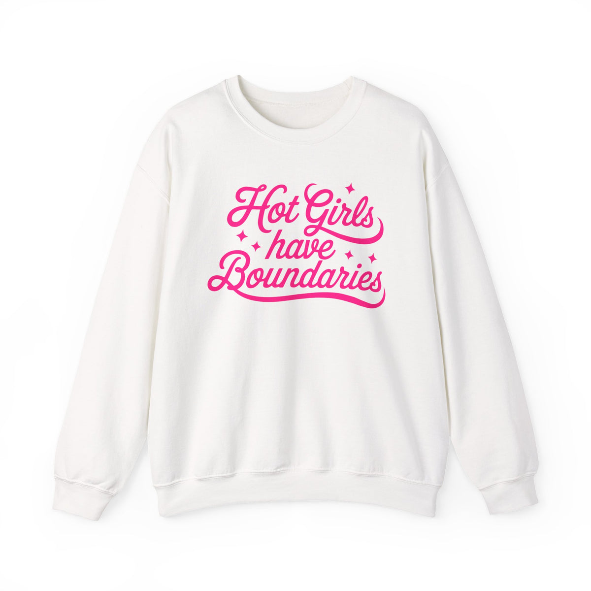 White Gildan 18000 sweatshirt with Hot Girls Have Boundaries pink script lettering on front.
