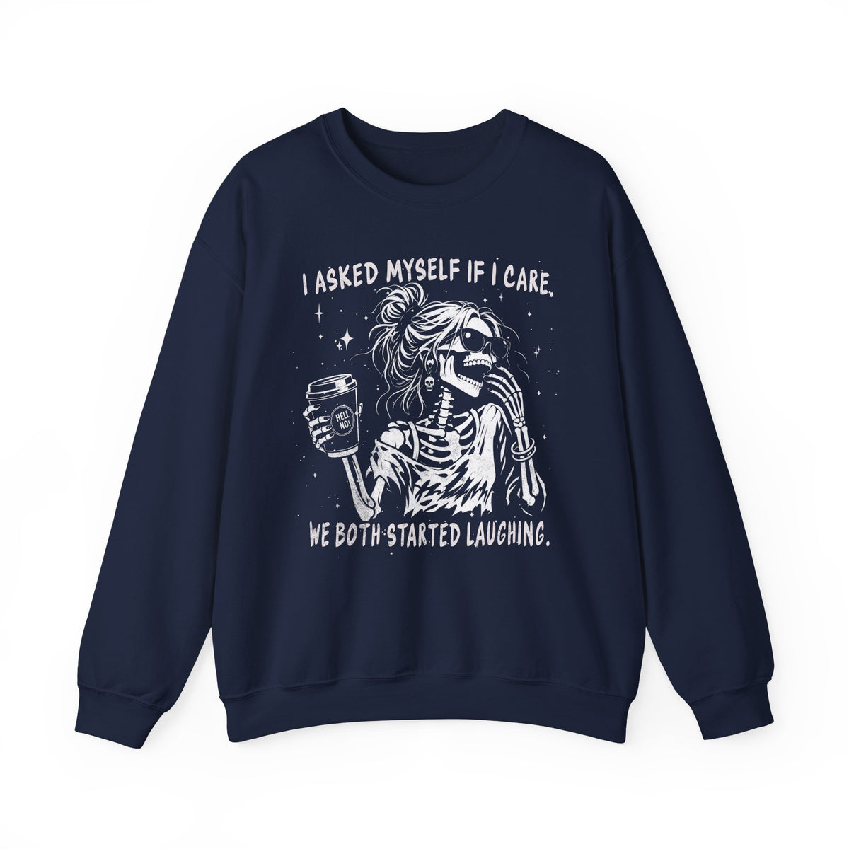 Navy Gildan 18000 sweatshirt featuring a laughing skeleton and sarcastic behave quote on the front.
