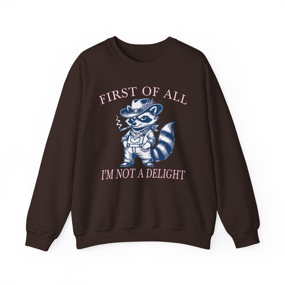 Dark Chocolate sweatshirt with First of All I'm Not a Delight raccoon design.