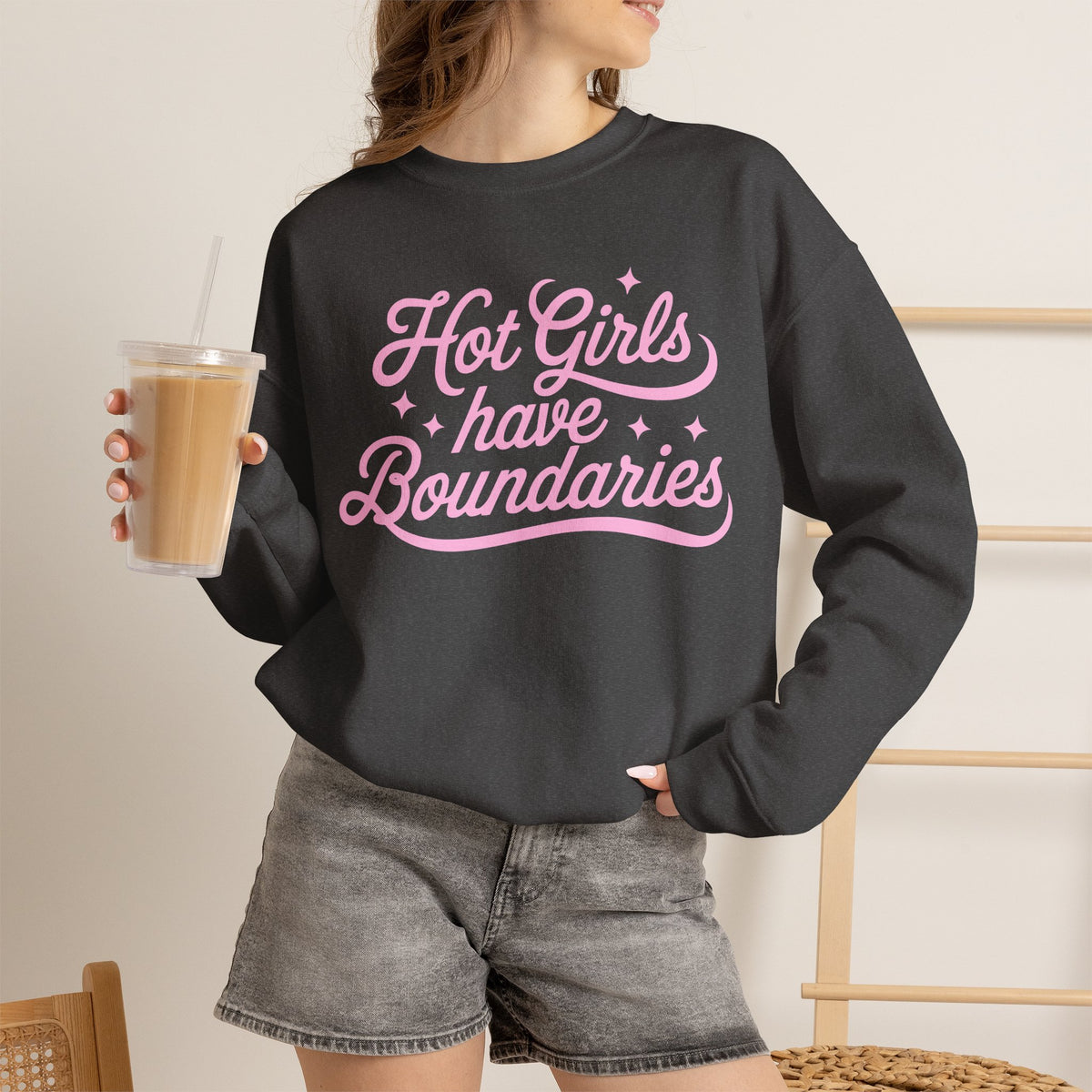 Dark Heather Gildan 18000 sweatshirt with Hot Girls Have Boundaries script front print.