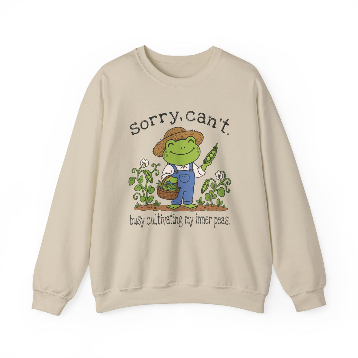 Sand Gildan 18000 sweatshirt with Sorry Can't Busy Cultivating My Inner Peas frog design printed on the front.