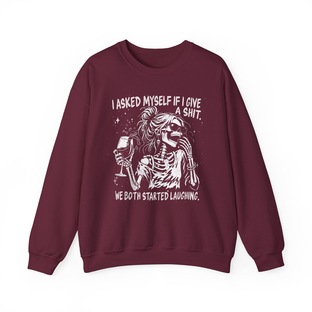Maroon Gildan 18000 sweatshirt with We Both Started Laughing gothic skeleton graphic.