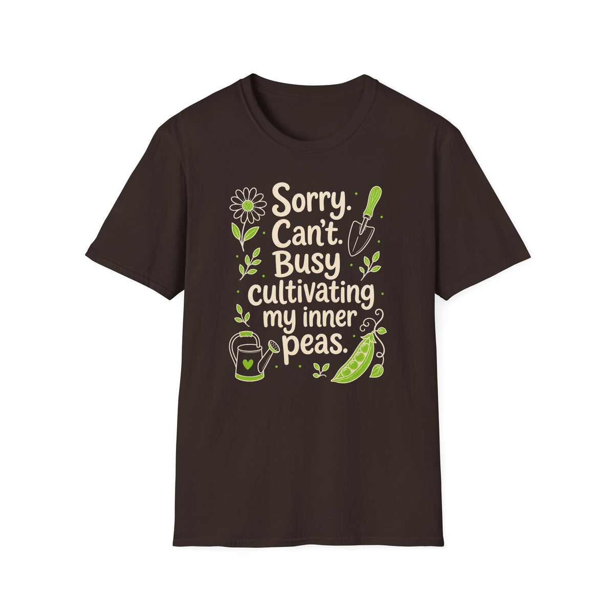 Black Gildan 64000 T-shirt with Sorry Can't Busy Cultivating My Inner Peas design printed on the front.