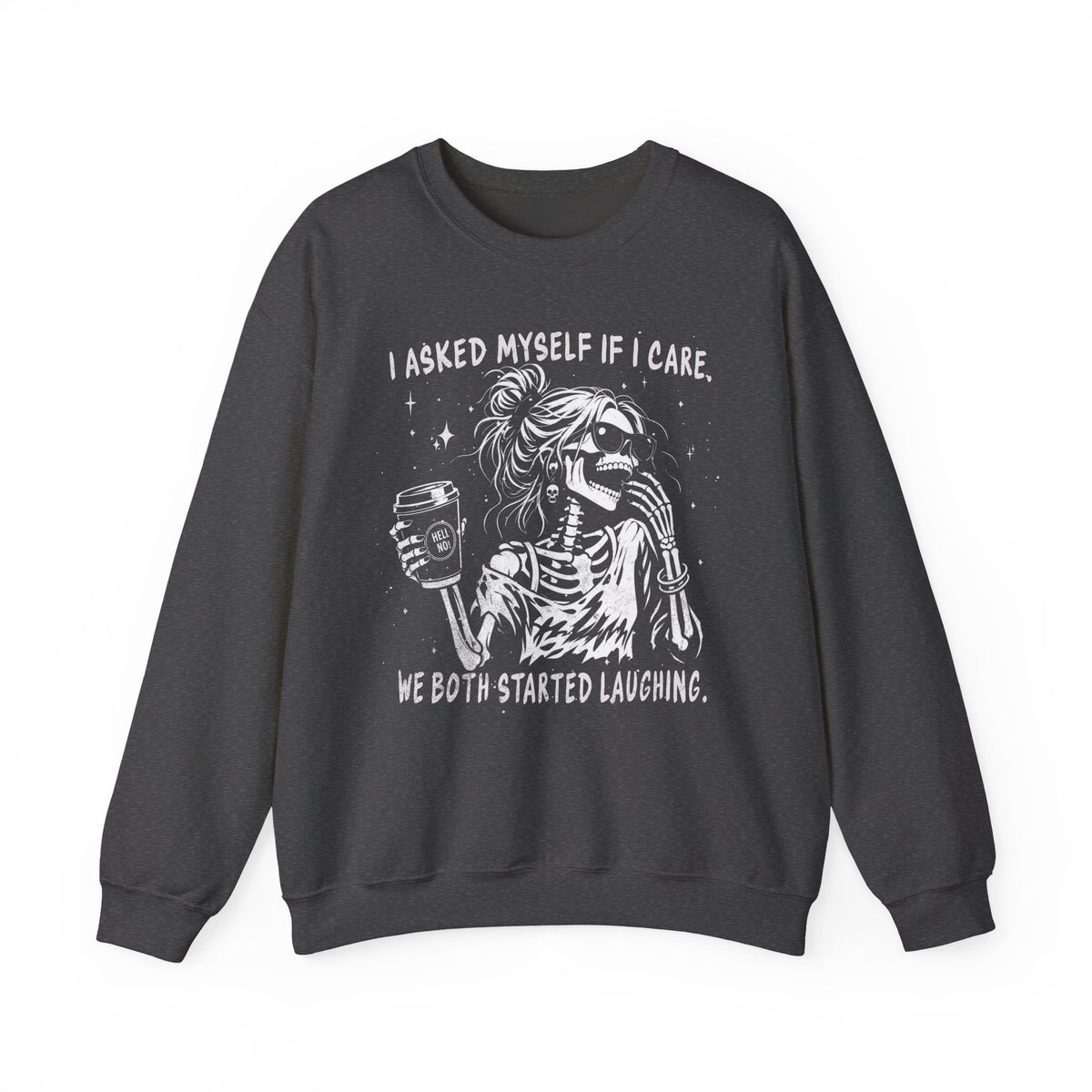 Dark Heather Gildan 18000 sweatshirt with We Both Started Laughing gothic skeleton front print.