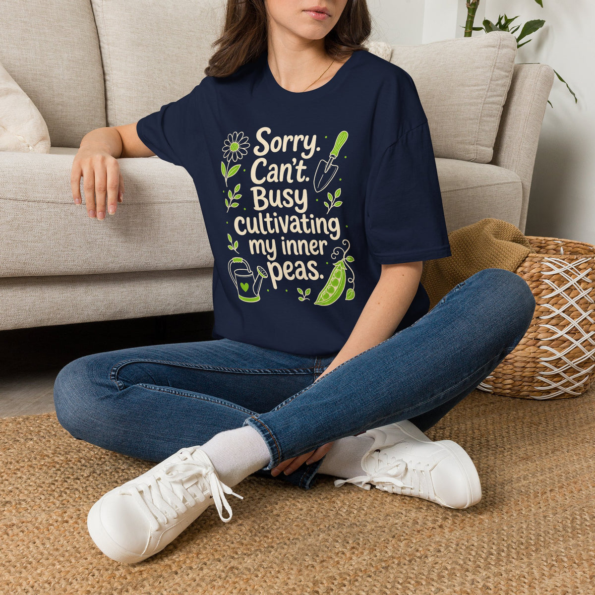 Lifestyle mockup of the Sorry Can't Busy Cultivating My Inner Peas Gildan 64000 T-shirt.