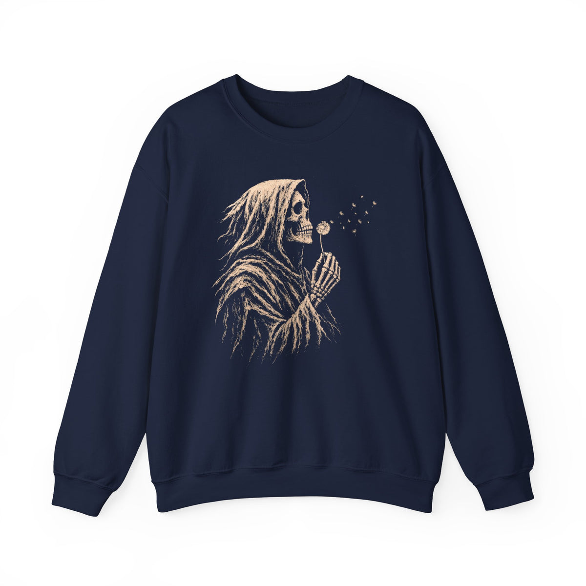 Navy sweatshirt with gothic grim reaper blowing a dandelion design.
