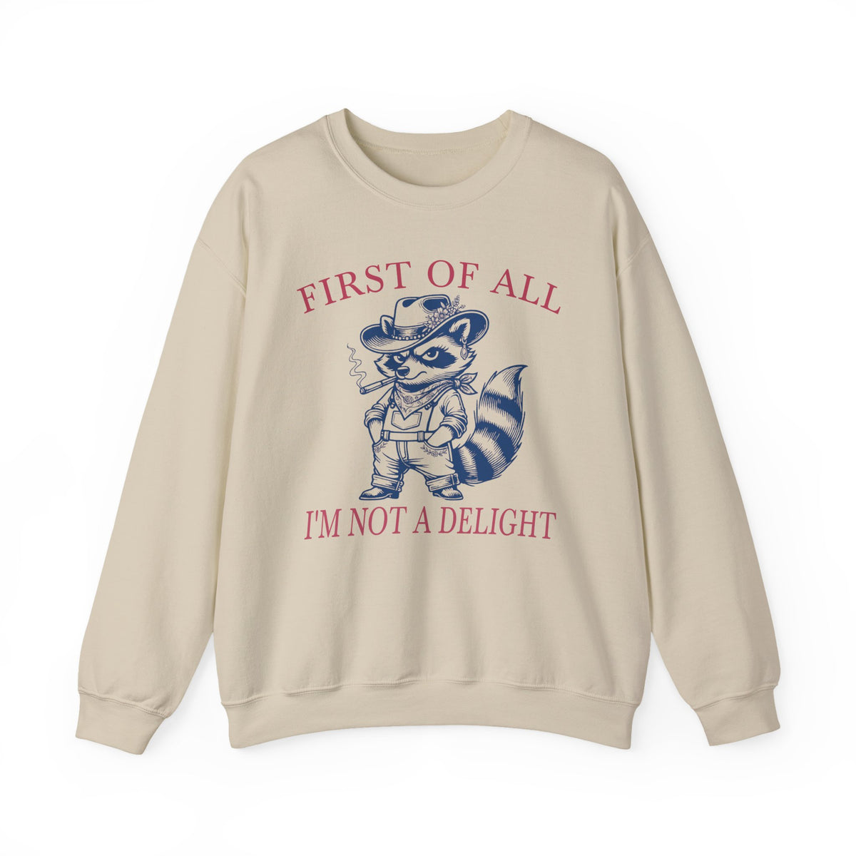 Sand sweatshirt with sarcastic raccoon and First of All I'm Not a Delight print.