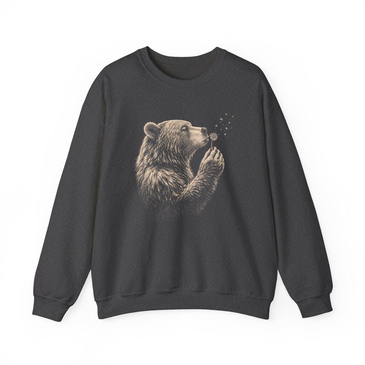 Dark Heather sweatshirt with bear blowing dandelion seeds nature graphic.