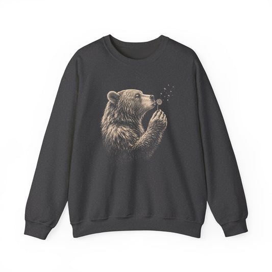 Dark Heather sweatshirt with bear blowing dandelion seeds nature graphic.