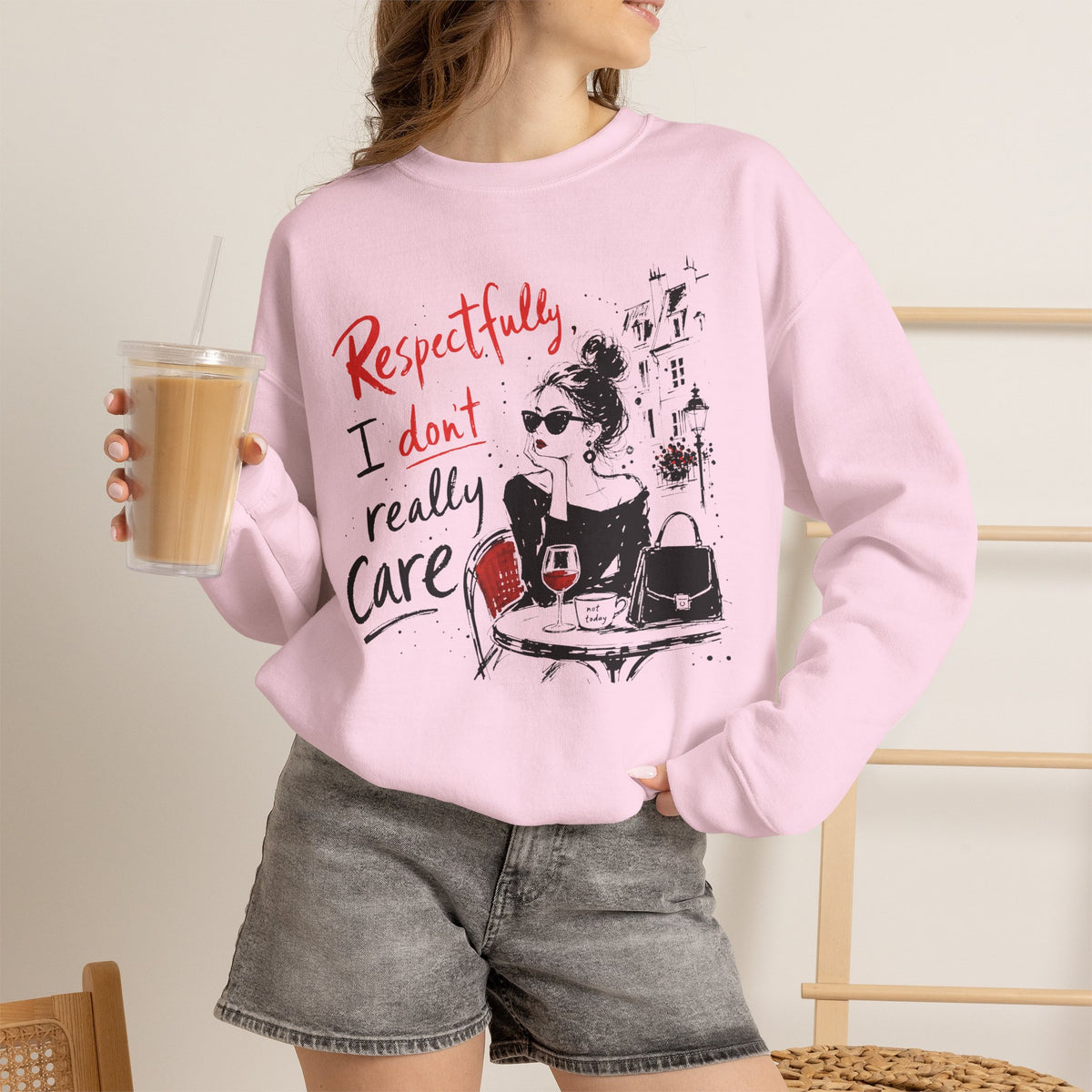 Light Pink Gildan 18000 sweatshirt with Respectfully I Don't Really Care front print.