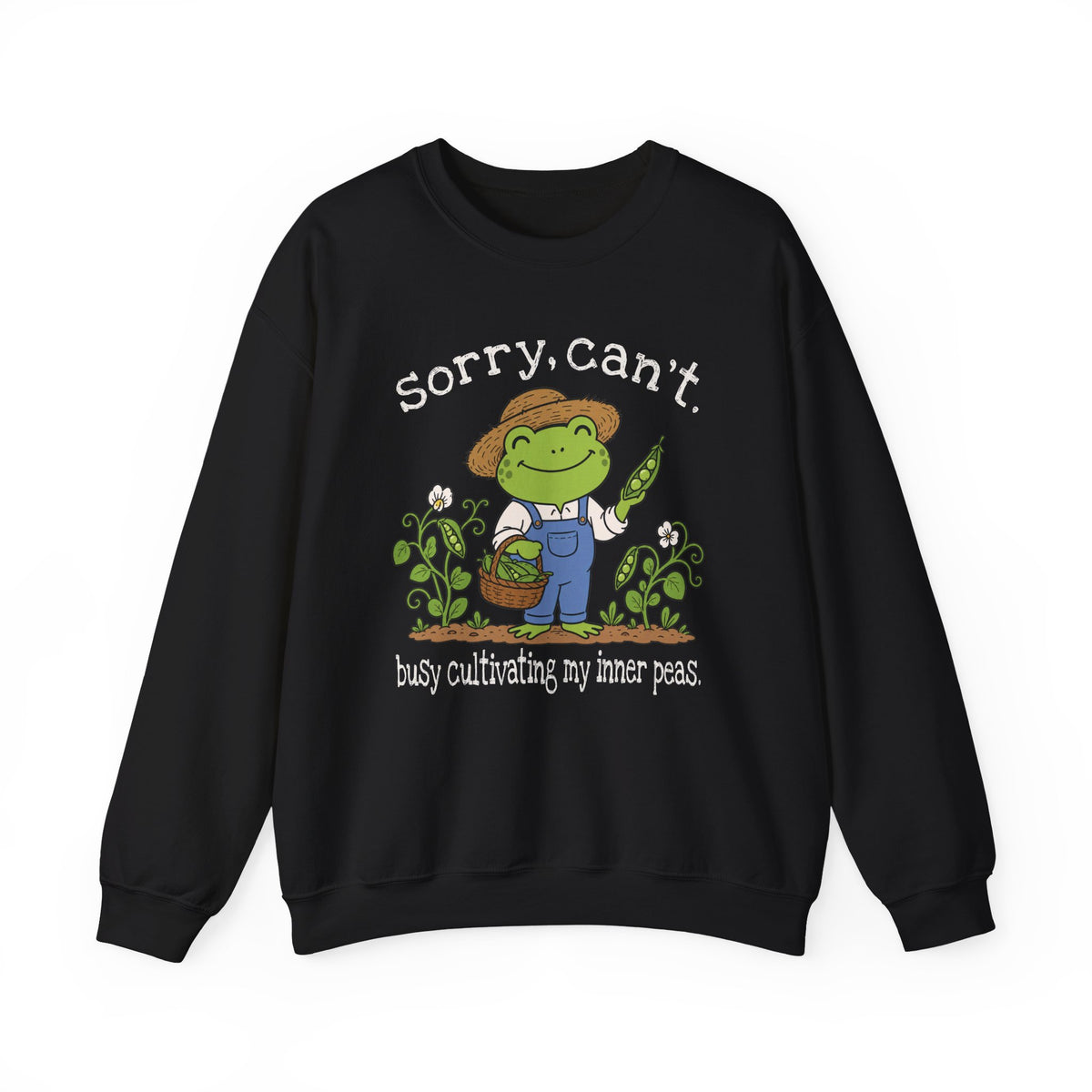 Black Gildan 18000 sweatshirt with Sorry Can't Busy Cultivating My Inner Peas frog design printed on the front.