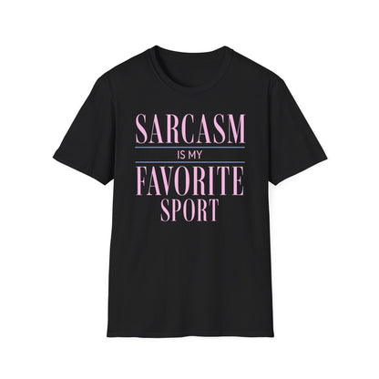 Navy Gildan 64000 T-shirt with Sarcasm Is My Favorite Sport design printed on the front.
