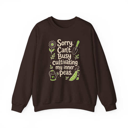 Dark Chocolate Gildan 18000 sweatshirt with Sorry Can't Busy Cultivating My Inner Peas design printed on the front.