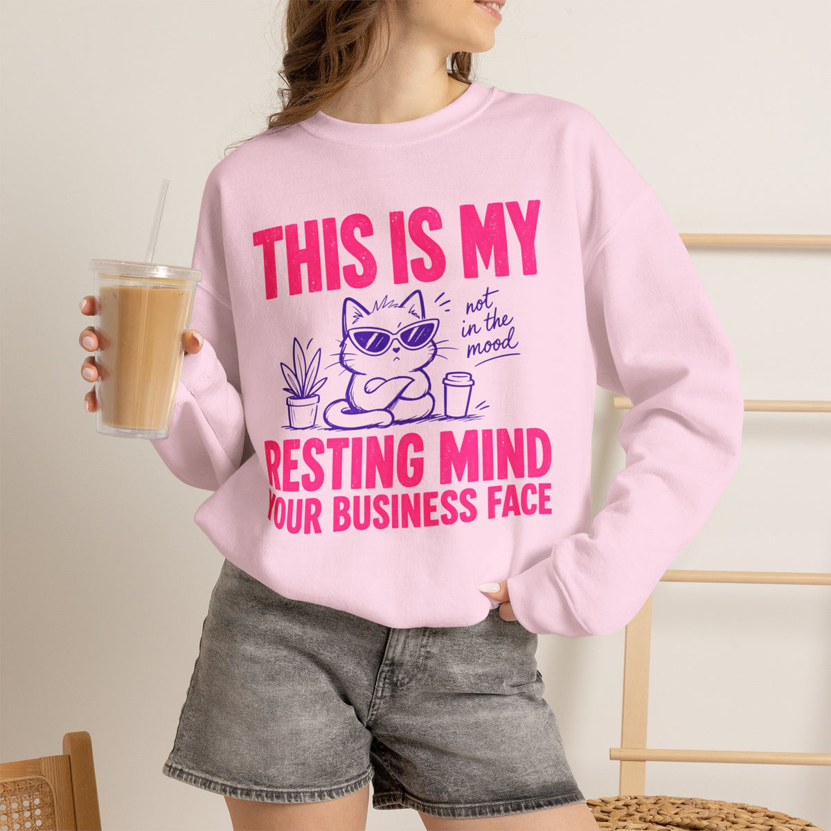 Light Pink Gildan 18000 sweatshirt with funny cat and Resting Mind Your Business Face quote.