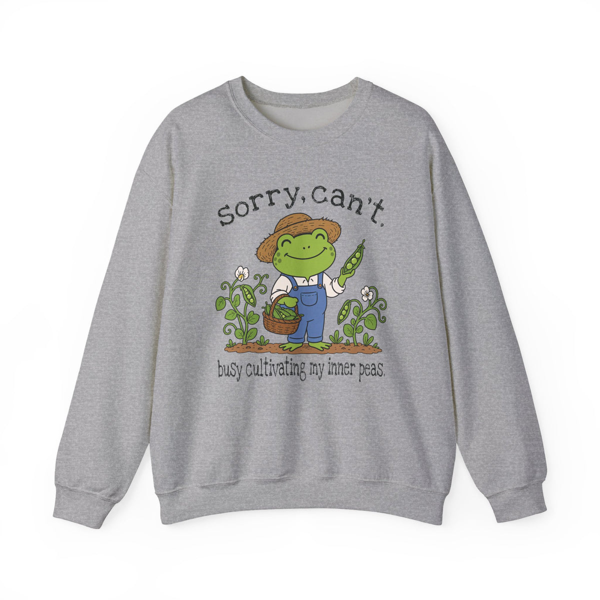 Sport Grey Gildan 18000 sweatshirt with Sorry Can't Busy Cultivating My Inner Peas frog design printed on the front.