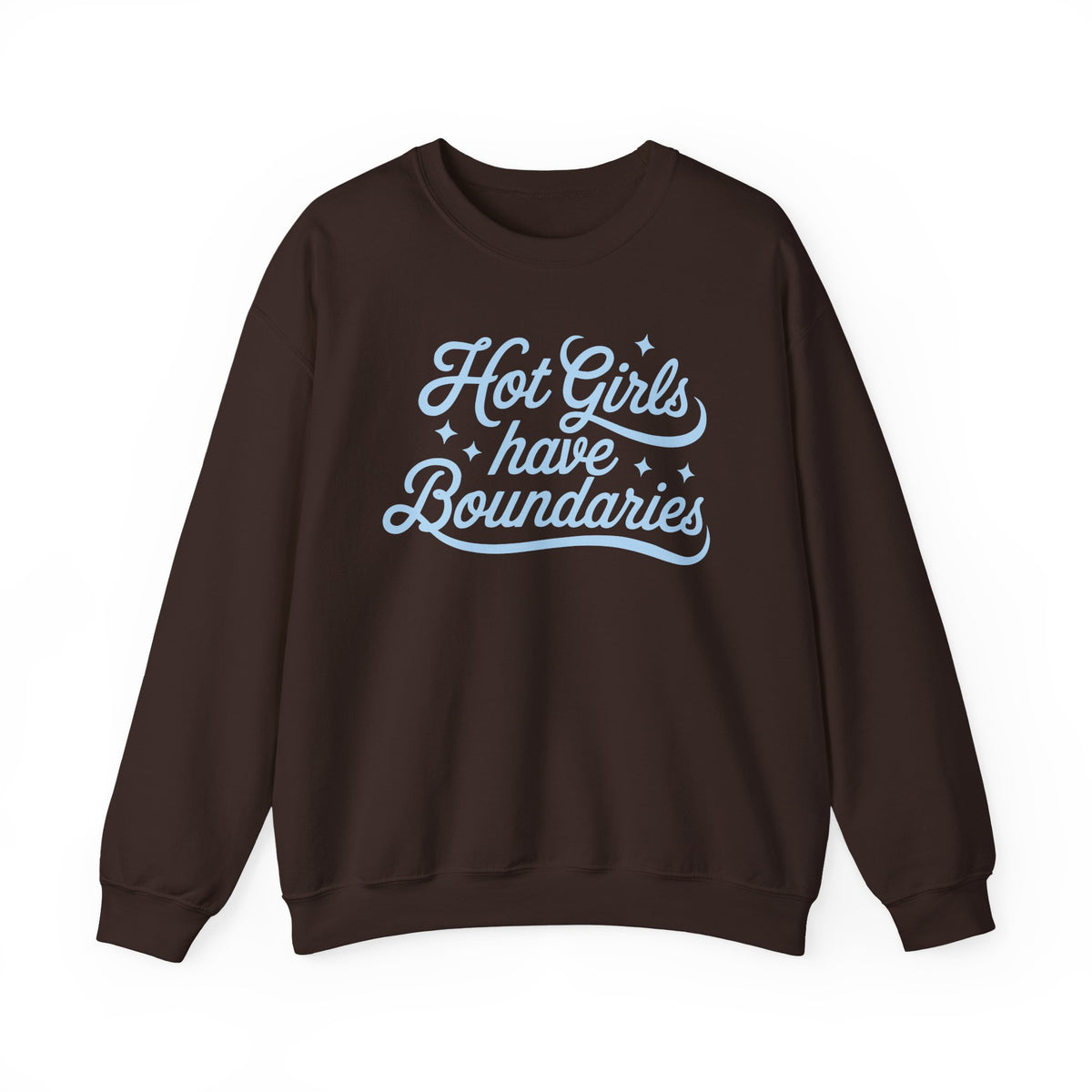 Dark Chocolate Gildan 18000 sweatshirt with Hot Girls Have Boundaries blue script design printed on the front.