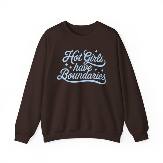 Dark Chocolate Gildan 18000 sweatshirt with Hot Girls Have Boundaries blue script design printed on the front.