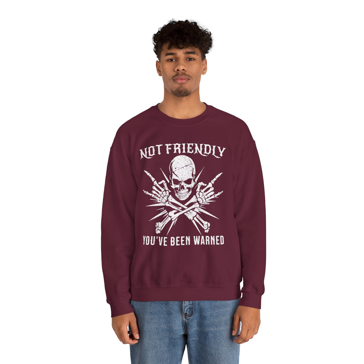 Maroon Gildan 18000 sweatshirt with gothic Not Friendly You've Been Warned skull design.