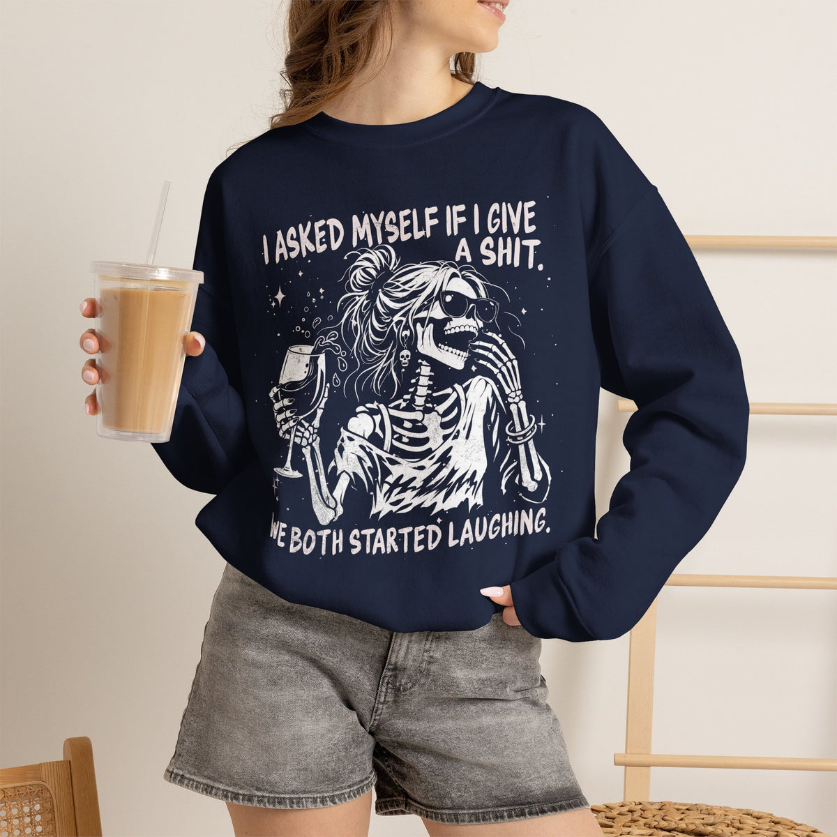 Navy Gildan 18000 sweatshirt with I Asked Myself to Behave gothic skeleton graphic.