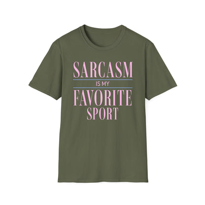 Military Green Gildan 64000 T-shirt with Sarcasm Is My Favorite Sport design printed on the front.