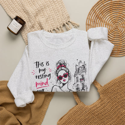 Lifestyle mockup of the Resting Mind Your Business Face retro woman Gildan 18000 sweatshirt.