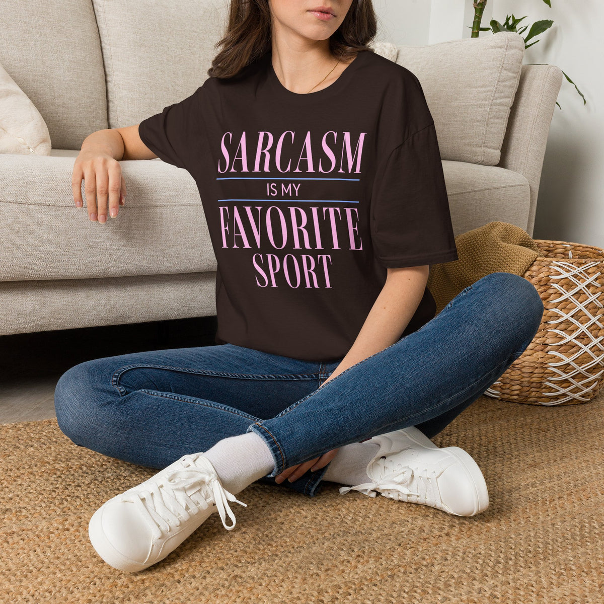 Lifestyle mockup of the Sarcasm Is My Favorite Sport Gildan 64000 T-shirt.