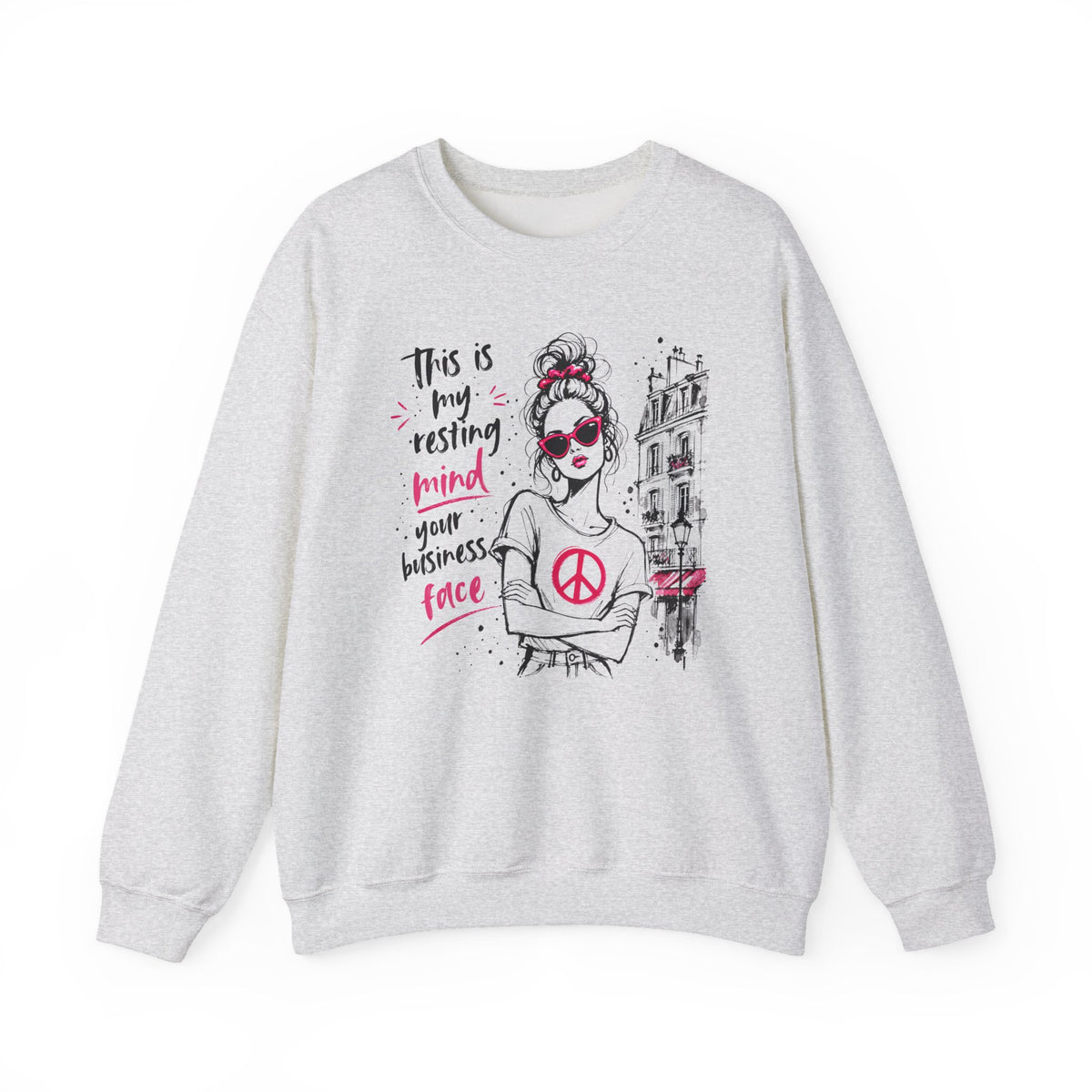 Ash Gildan 18000 sweatshirt with Resting Mind Your Business Face retro woman design printed on the front.