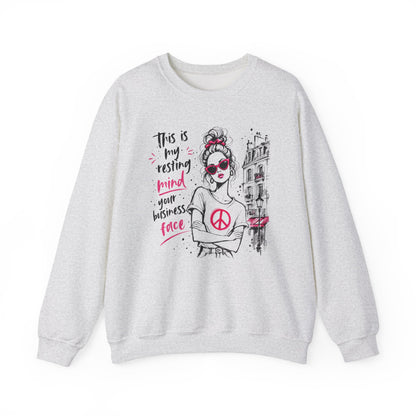 Ash Gildan 18000 sweatshirt with Resting Mind Your Business Face retro woman design printed on the front.