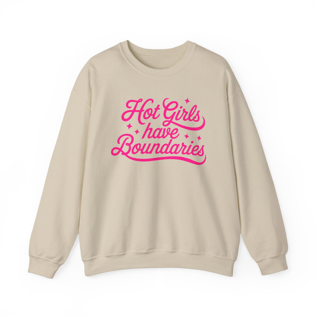 Sand Gildan 18000 sweatshirt with pink-script Hot Girls Have Boundaries design.