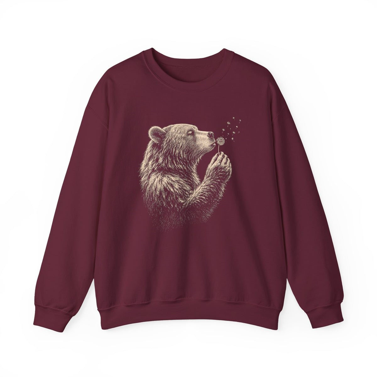 Maroon sweatshirt with bear blowing dandelion seeds rustic nature art.
