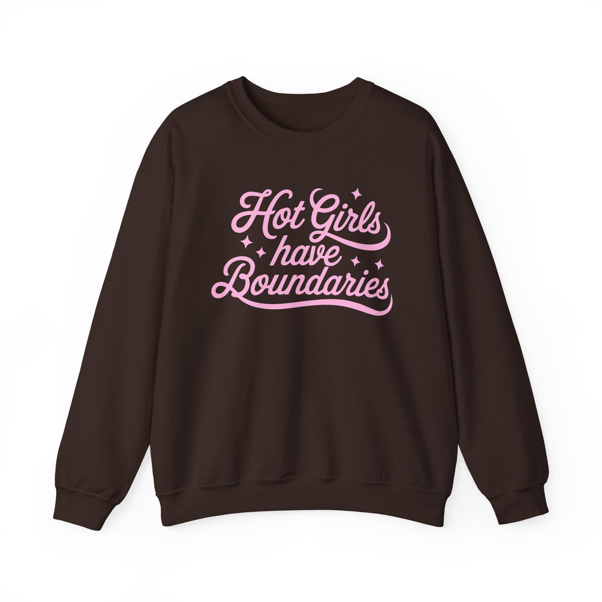 Dark Chocolate Gildan 18000 sweatshirt with Hot Girls Have Boundaries pink script statement.