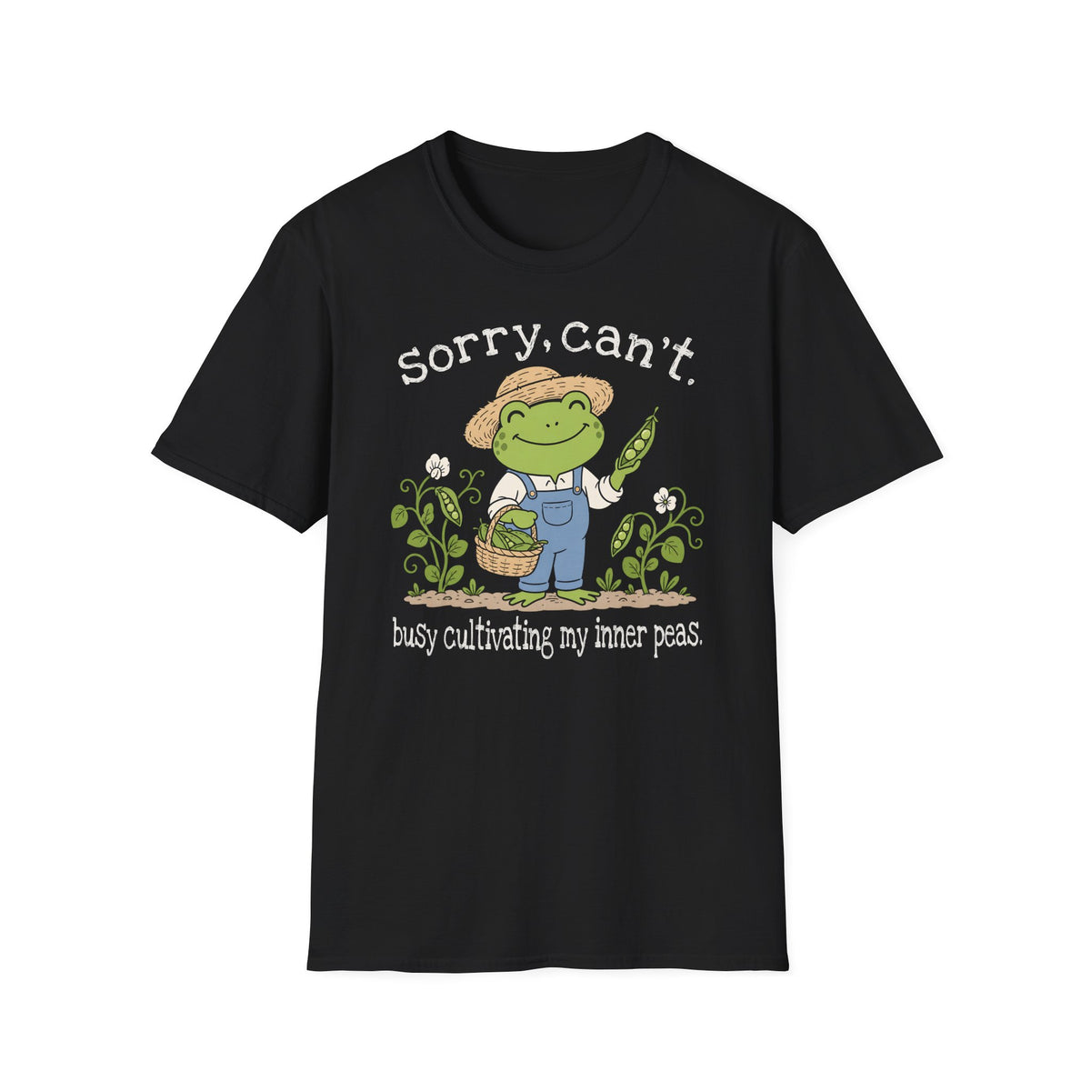 Black Gildan 64000 T-shirt with Sorry Can't Busy Cultivating My Inner Peas Frog design printed on the front.