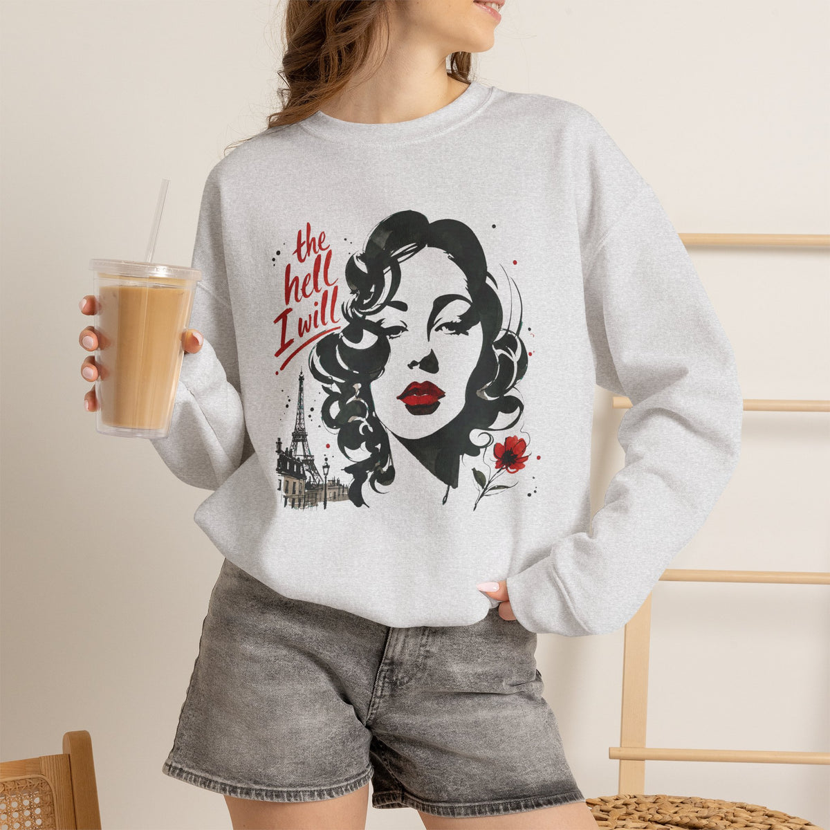 Ash sweatshirt with retro woman graphic and The Hell I Will bold statement.