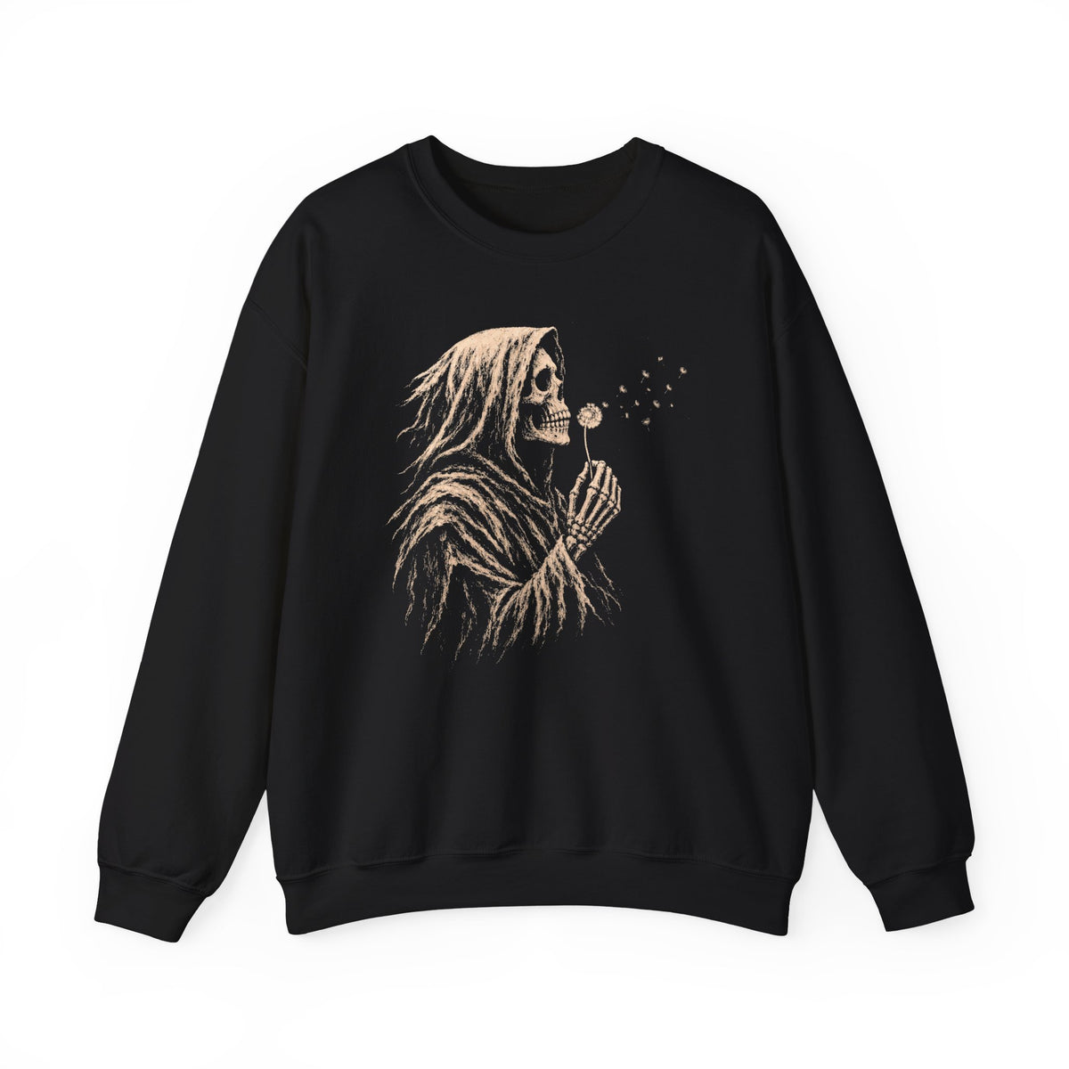 Black Gildan sweatshirt with hooded grim reaper skeleton blowing dandelion seeds graphic.