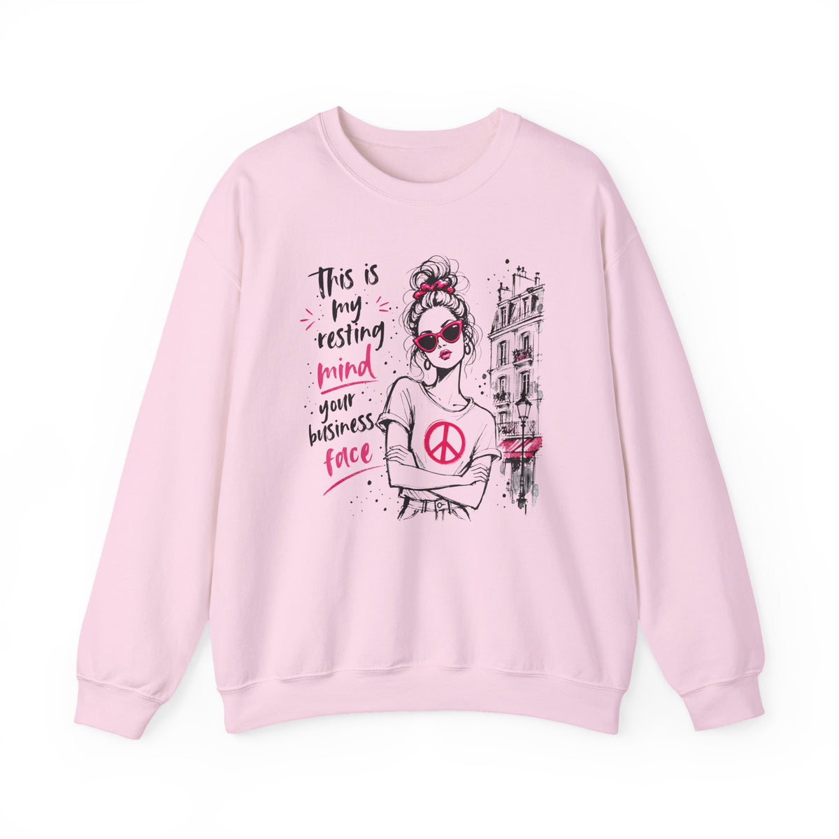 Light Pink Gildan 18000 sweatshirt with Resting Mind Your Business Face retro woman design printed on the front.