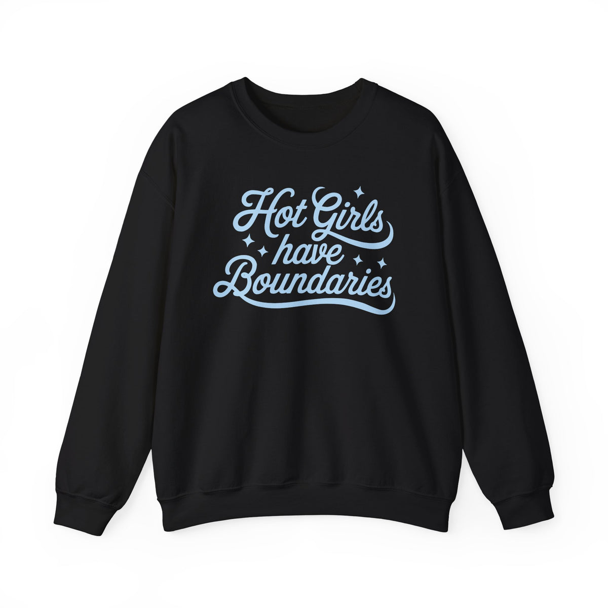 Black Gildan 18000 sweatshirt with Hot Girls Have Boundaries blue script design printed on the front.