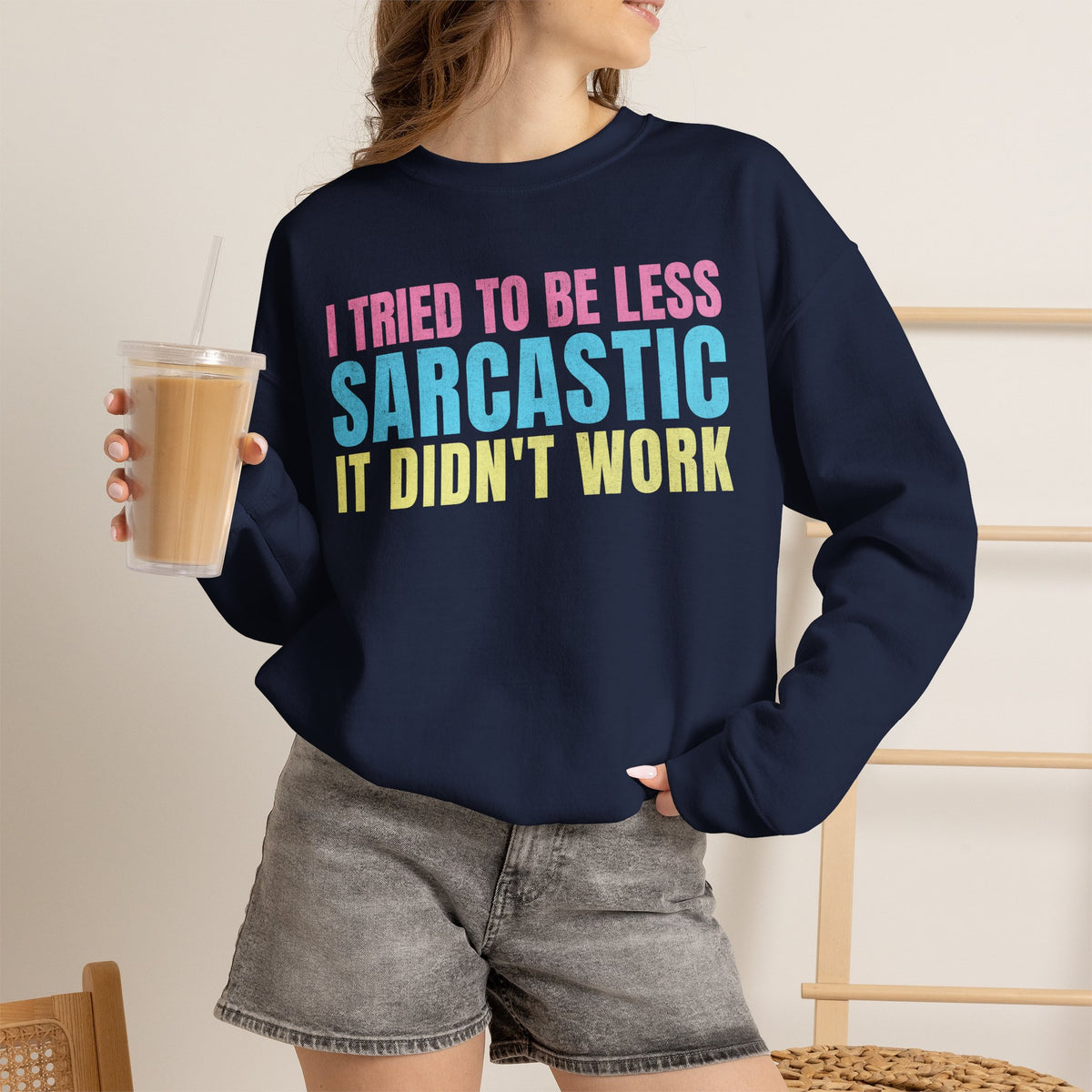 Navy Gildan 18000 sweatshirt featuring I Tried to Be Less Sarcastic It Didn't Work front print.