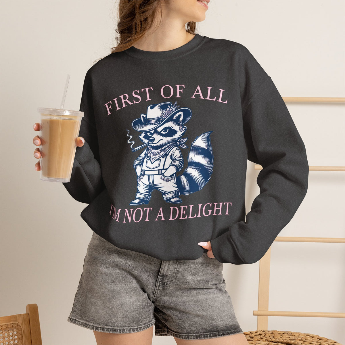 Dark Heather sweatshirt with funny raccoon and First of All I'm Not a Delight quote.