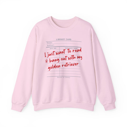 Light Pink sweatshirt with book lover and golden retriever library card graphic.