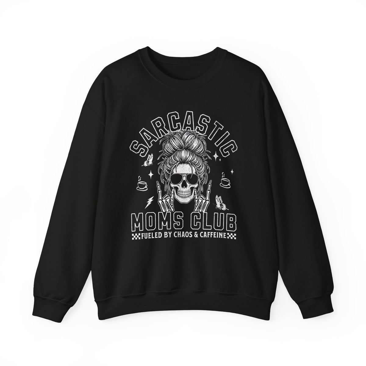 Black Gildan sweatshirt featuring Sarcastic Moms Club funny mom graphic.