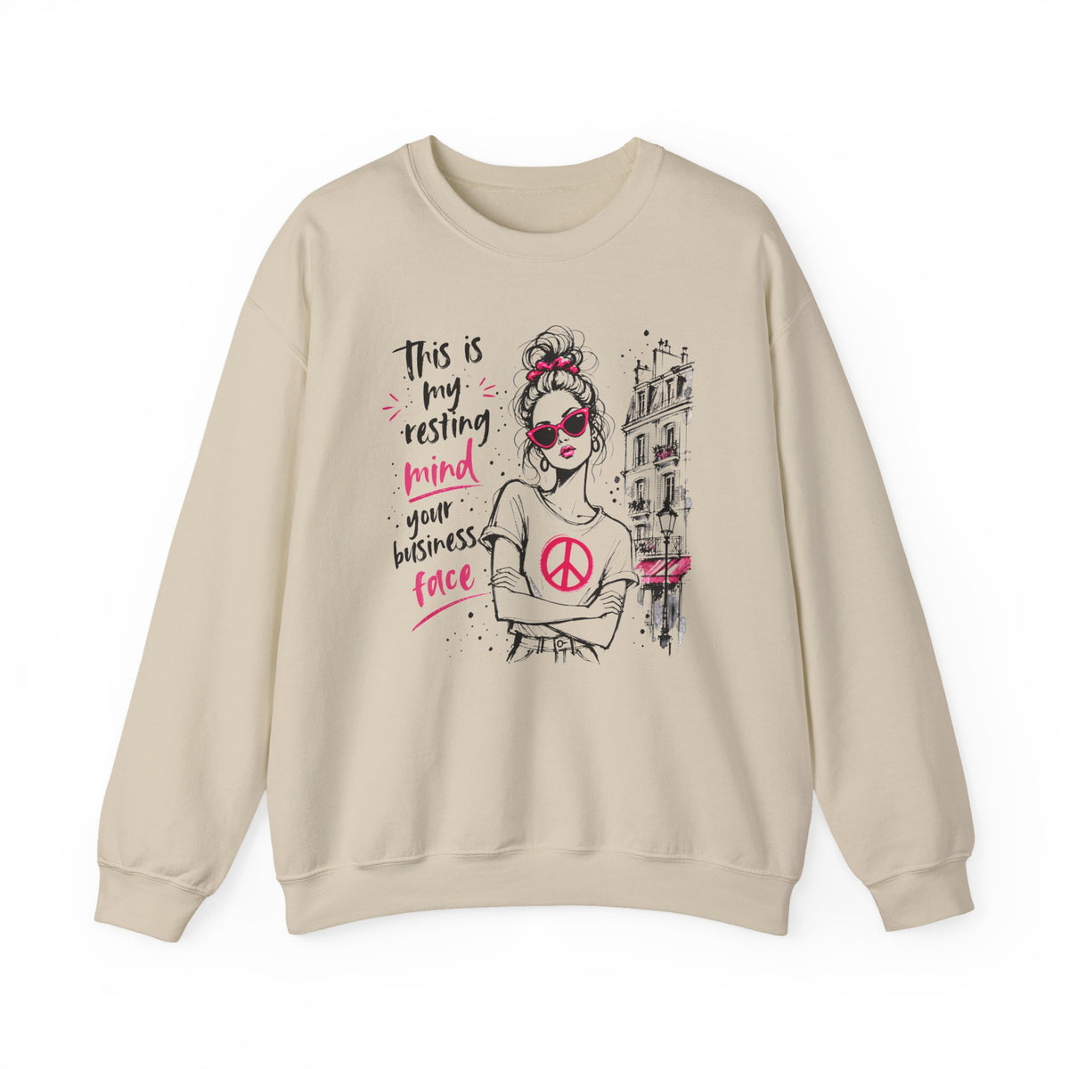 Sand Gildan 18000 sweatshirt with Resting Mind Your Business Face retro woman design printed on the front.