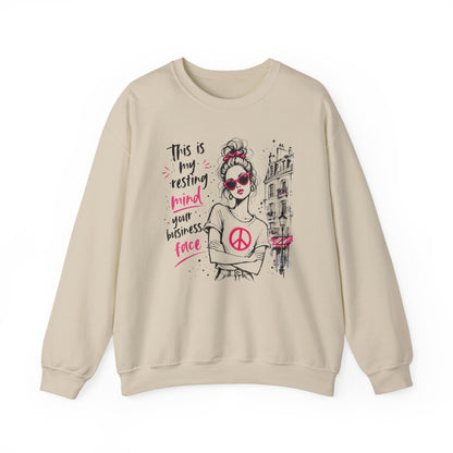 Sand Gildan 18000 sweatshirt with Resting Mind Your Business Face retro woman design printed on the front.